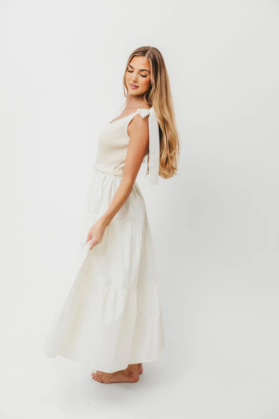 New Worth Collective Gretchen 100% Cotton Knitted Sleeveless Tiered Maxi Dress in Cream