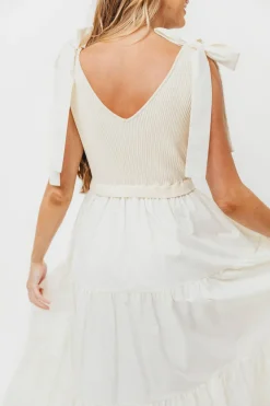 New Worth Collective Gretchen 100% Cotton Knitted Sleeveless Tiered Maxi Dress in Cream