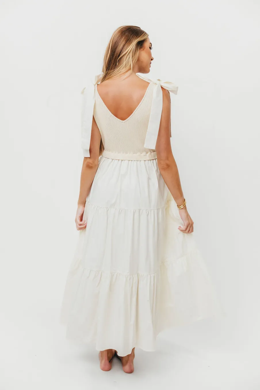New Worth Collective Gretchen 100% Cotton Knitted Sleeveless Tiered Maxi Dress in Cream