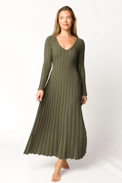 Outlet Worth Collective Hadley Long Sleeve V-Neck Knit Maxi Dress in Olive- Bump Friendly