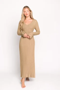 Fashion Worth Collective Hadley Long Sleeve V-Neck Knit Maxi Dress in Espresso