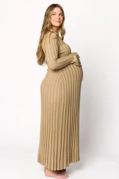 Best Worth Collective Hadley Long Sleeve V-Neck Knit Maxi Dress in Dune