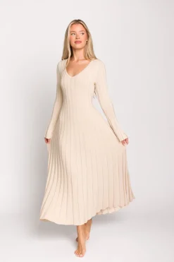 Sale Worth Collective Hadley Long Sleeve V-Neck Knit Maxi Dress in Cream Taupe