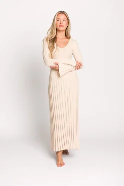 Sale Worth Collective Hadley Long Sleeve V-Neck Knit Maxi Dress in Cream Taupe