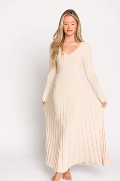 Sale Worth Collective Hadley Long Sleeve V-Neck Knit Maxi Dress in Cream Taupe