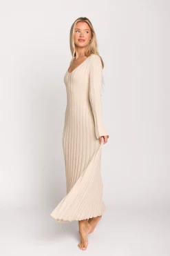 Sale Worth Collective Hadley Long Sleeve V-Neck Knit Maxi Dress in Cream Taupe
