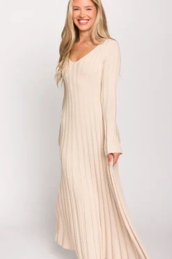Sale Worth Collective Hadley Long Sleeve V-Neck Knit Maxi Dress in Cream Taupe