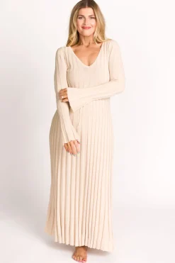 Sale Worth Collective Hadley Long Sleeve V-Neck Knit Maxi Dress in Cream Taupe