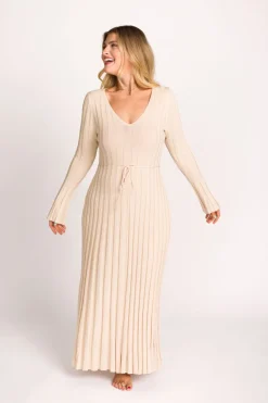 Sale Worth Collective Hadley Long Sleeve V-Neck Knit Maxi Dress in Cream Taupe