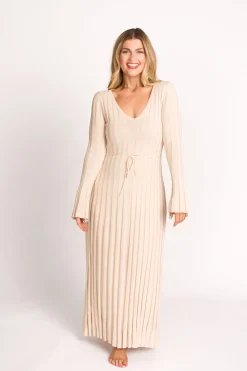 Sale Worth Collective Hadley Long Sleeve V-Neck Knit Maxi Dress in Cream Taupe