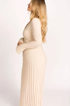 Sale Worth Collective Hadley Long Sleeve V-Neck Knit Maxi Dress in Cream Taupe
