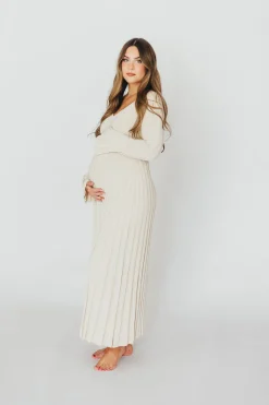 Sale Worth Collective Hadley Long Sleeve V-Neck Knit Maxi Dress in Cream Taupe