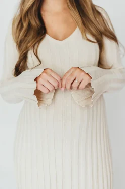Sale Worth Collective Hadley Long Sleeve V-Neck Knit Maxi Dress in Cream Taupe