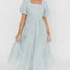 New Worth Collective Hallie Embroidered Maxi Dress in Powder Blue - Bump Friendly & Inclusi