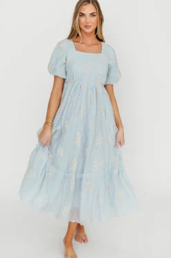 New Worth Collective Hallie Embroidered Maxi Dress in Powder Blue - Bump Friendly & Inclusi
