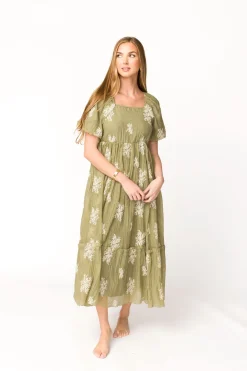 Clearance Worth Collective Hallie Embroidered Maxi Dress in Olive - Bump Friendly & Inclusive Siz