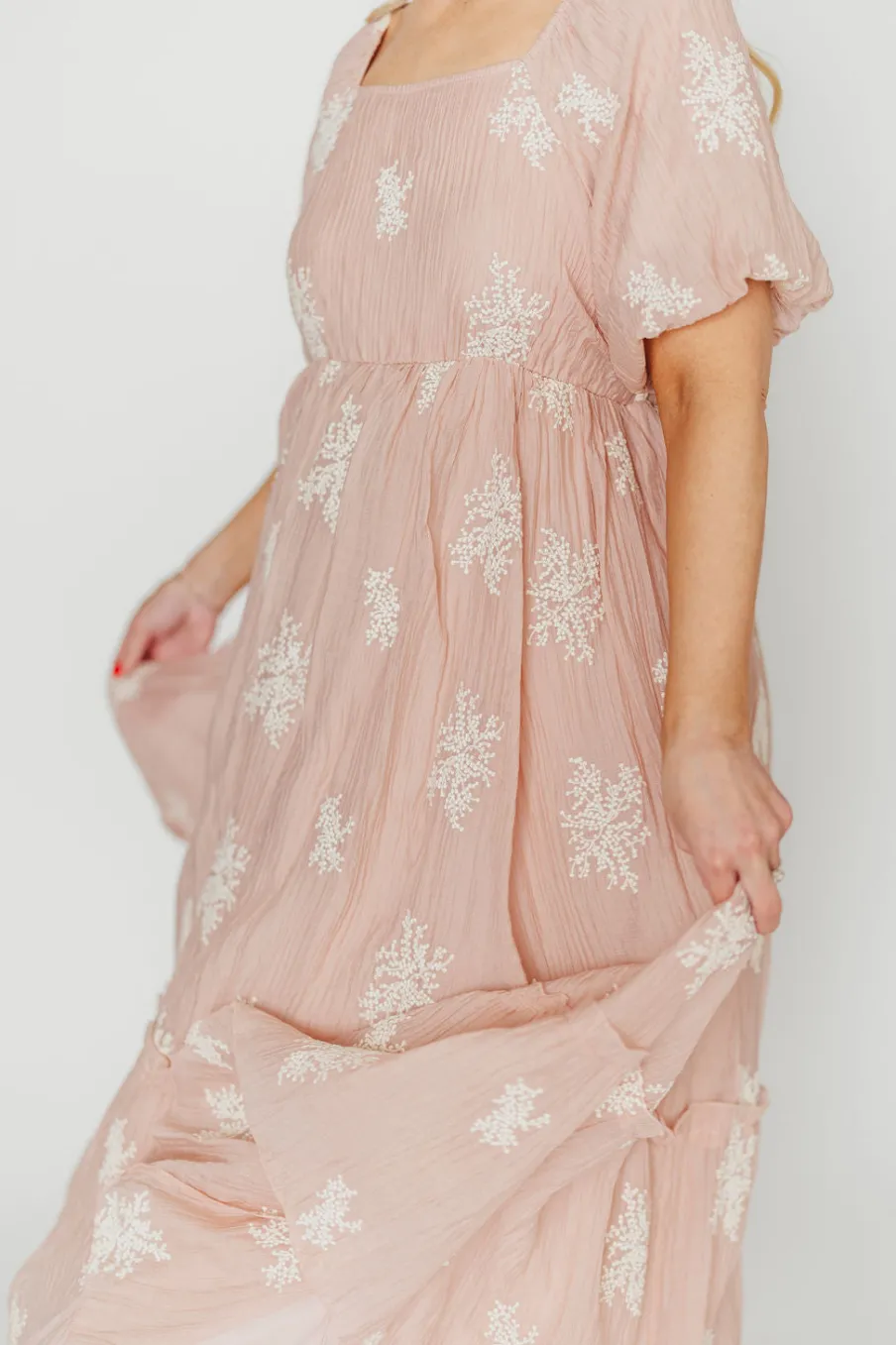 Fashion Worth Collective Hallie Embroidered Maxi Dress in Blush - Bump Friendly & Inclusive Siz