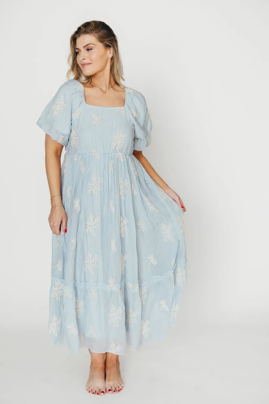 New Worth Collective Hallie Embroidered Maxi Dress in Powder Blue - Bump Friendly & Inclusi