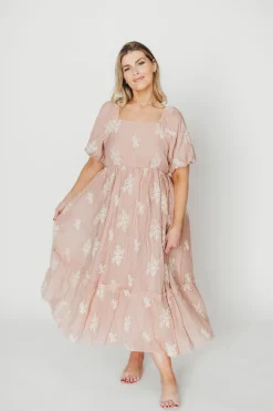 Fashion Worth Collective Hallie Embroidered Maxi Dress in Blush - Bump Friendly & Inclusive Siz