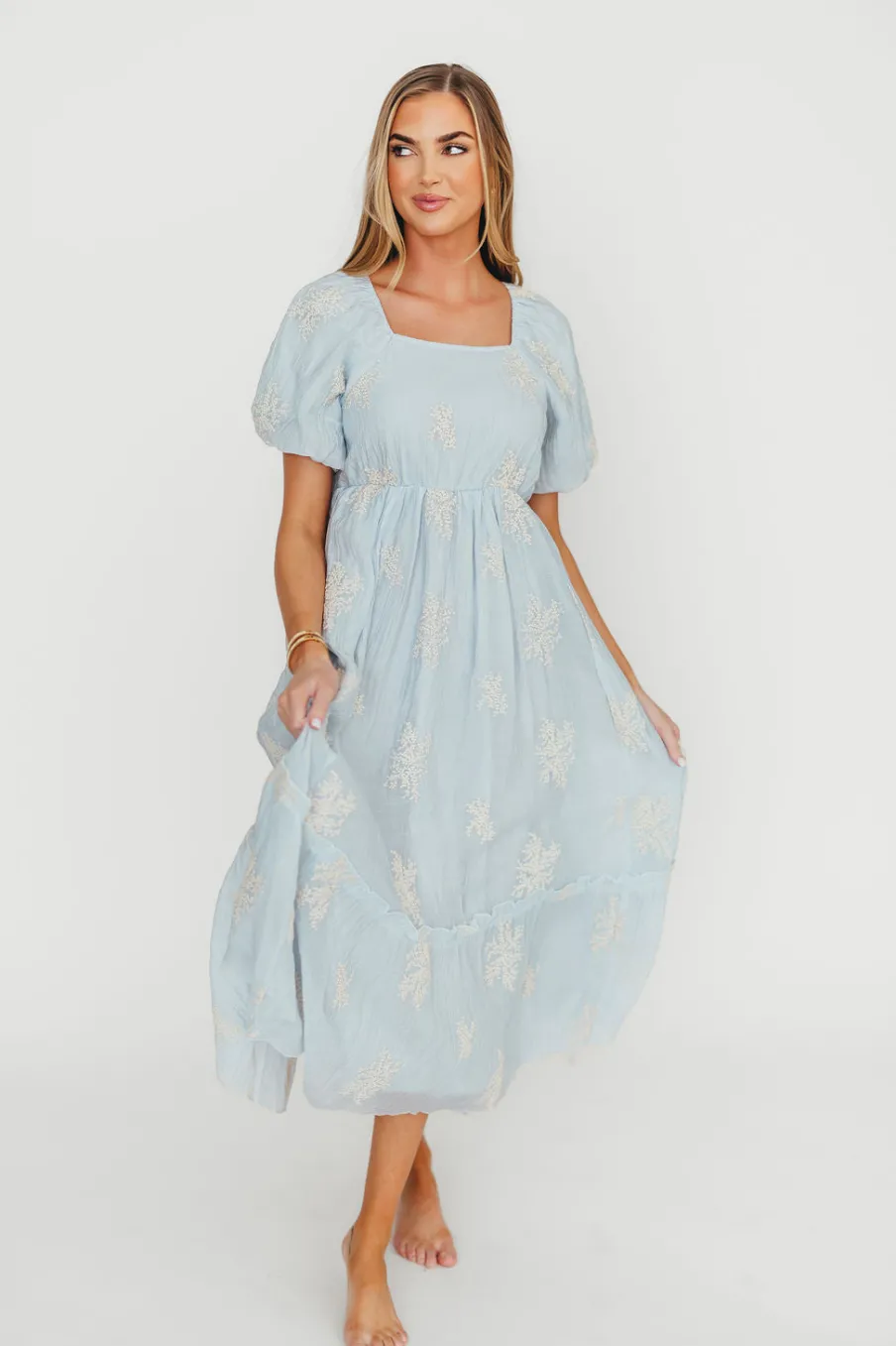 New Worth Collective Hallie Embroidered Maxi Dress in Powder Blue - Bump Friendly & Inclusi