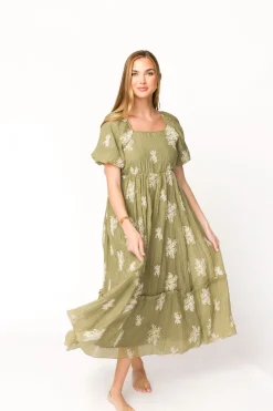 Clearance Worth Collective Hallie Embroidered Maxi Dress in Olive - Bump Friendly & Inclusive Siz