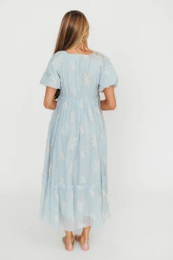 New Worth Collective Hallie Embroidered Maxi Dress in Powder Blue - Bump Friendly & Inclusi