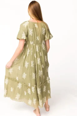 Clearance Worth Collective Hallie Embroidered Maxi Dress in Olive - Bump Friendly & Inclusive Siz