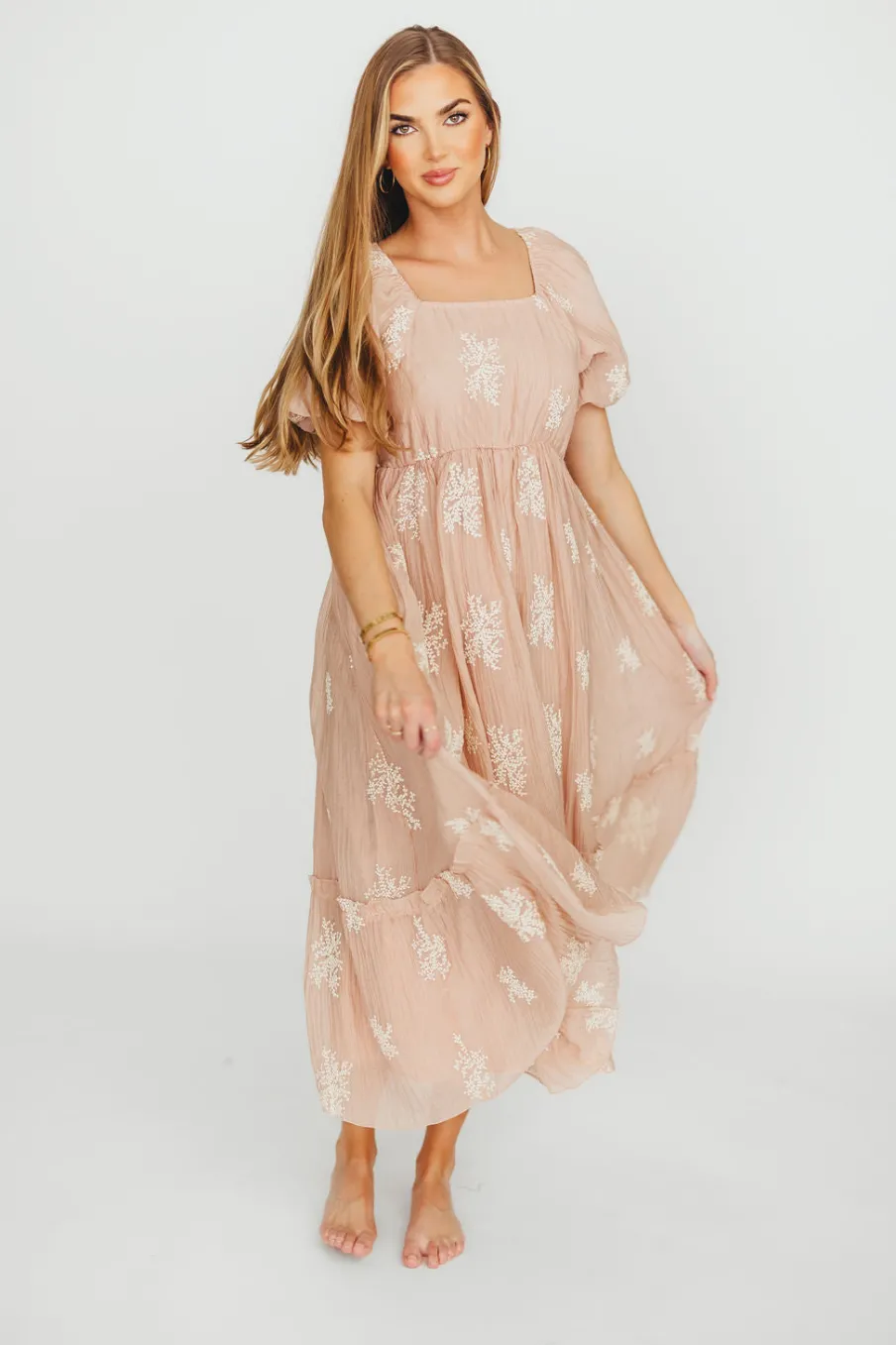 Fashion Worth Collective Hallie Embroidered Maxi Dress in Blush - Bump Friendly & Inclusive Siz