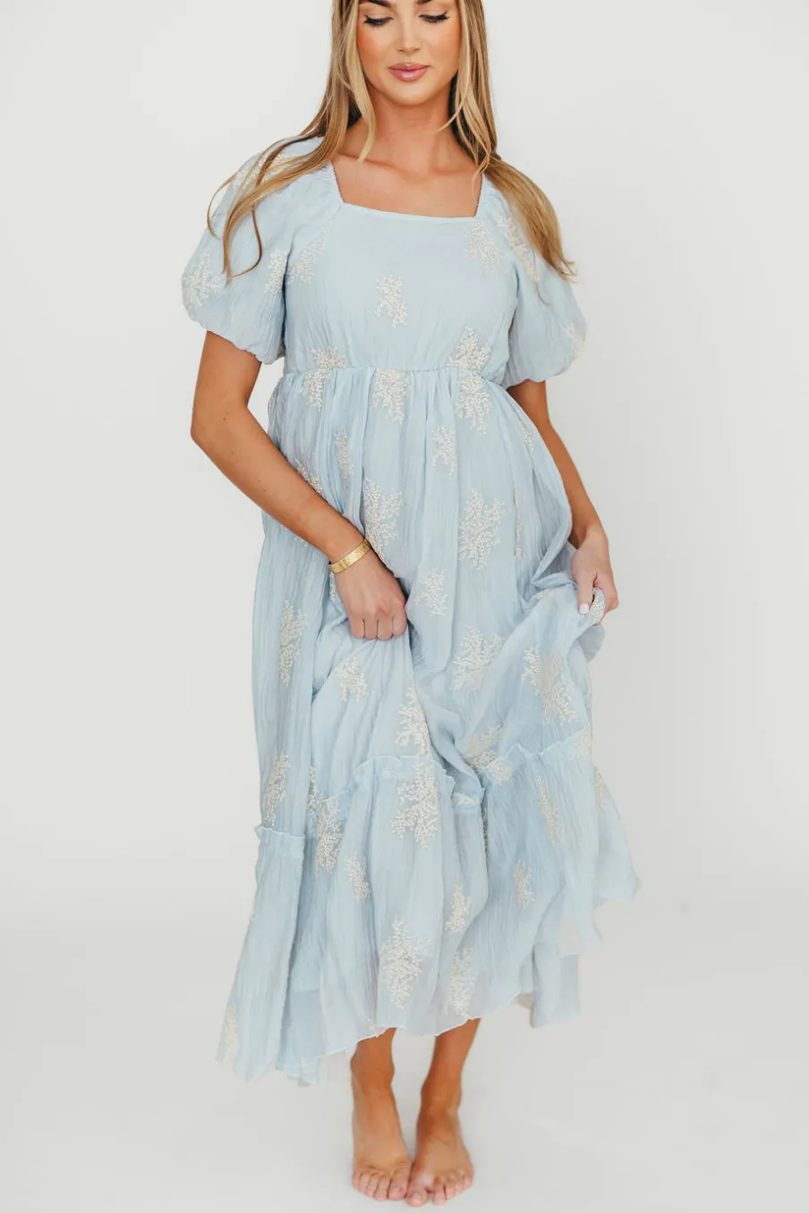 New Worth Collective Hallie Embroidered Maxi Dress in Powder Blue - Bump Friendly & Inclusi