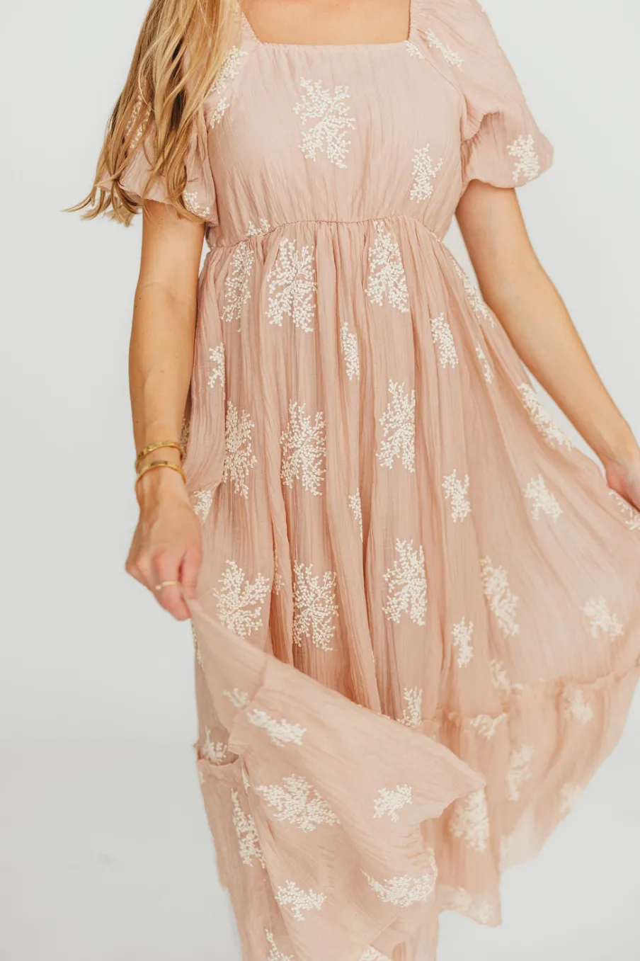 Fashion Worth Collective Hallie Embroidered Maxi Dress in Blush - Bump Friendly & Inclusive Siz