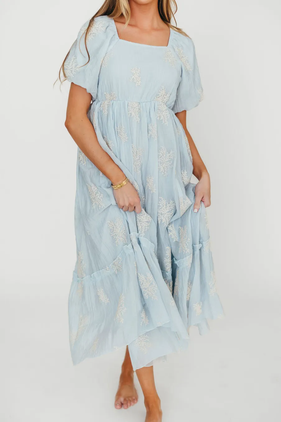 New Worth Collective Hallie Embroidered Maxi Dress in Powder Blue - Bump Friendly & Inclusi
