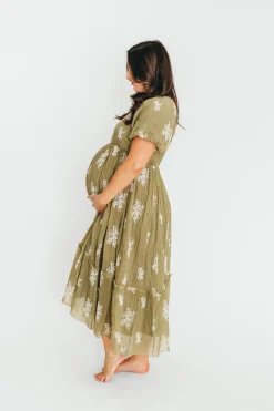 Clearance Worth Collective Hallie Embroidered Maxi Dress in Olive - Bump Friendly & Inclusive Siz