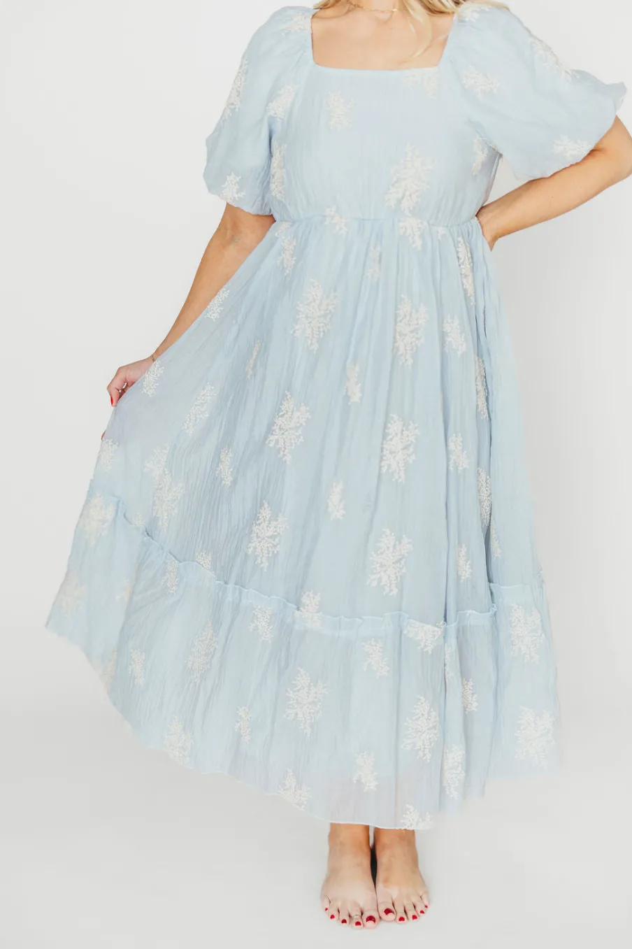New Worth Collective Hallie Embroidered Maxi Dress in Powder Blue - Bump Friendly & Inclusi