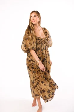 Fashion Worth Collective Harlow Camel & Black Floral Maxi Dress with Stretchy Neckline - Bump F