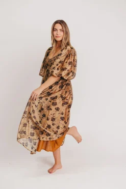 Fashion Worth Collective Harlow Camel & Black Floral Maxi Dress with Stretchy Neckline - Bump F