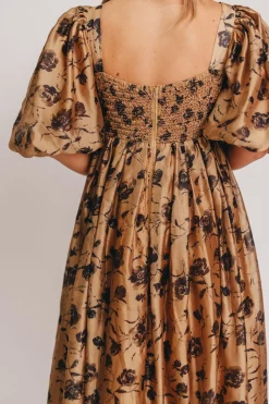 Fashion Worth Collective Harlow Camel & Black Floral Maxi Dress with Stretchy Neckline - Bump F