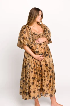 Fashion Worth Collective Harlow Camel & Black Floral Maxi Dress with Stretchy Neckline - Bump F