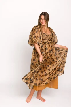 Fashion Worth Collective Harlow Camel & Black Floral Maxi Dress with Stretchy Neckline - Bump F