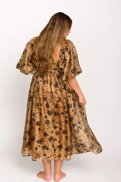 Fashion Worth Collective Harlow Camel & Black Floral Maxi Dress with Stretchy Neckline - Bump F