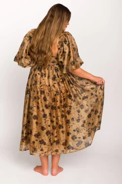 Fashion Worth Collective Harlow Camel & Black Floral Maxi Dress with Stretchy Neckline - Bump F