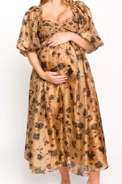 Fashion Worth Collective Harlow Camel & Black Floral Maxi Dress with Stretchy Neckline - Bump F