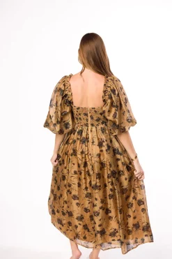 Fashion Worth Collective Harlow Camel & Black Floral Maxi Dress with Stretchy Neckline - Bump F