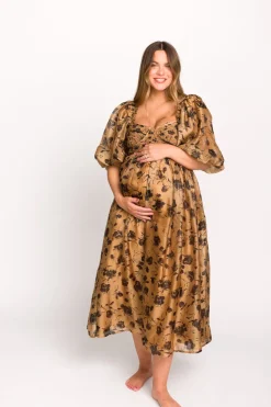 Fashion Worth Collective Harlow Camel & Black Floral Maxi Dress with Stretchy Neckline - Bump F