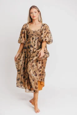 Fashion Worth Collective Harlow Camel & Black Floral Maxi Dress with Stretchy Neckline - Bump F