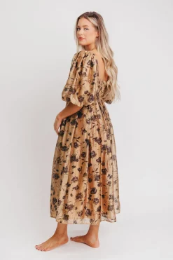 Fashion Worth Collective Harlow Camel & Black Floral Maxi Dress with Stretchy Neckline - Bump F