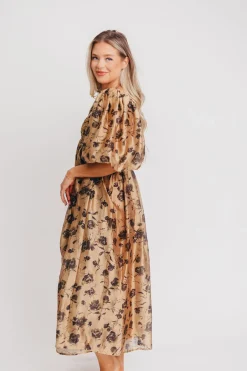 Fashion Worth Collective Harlow Camel & Black Floral Maxi Dress with Stretchy Neckline - Bump F