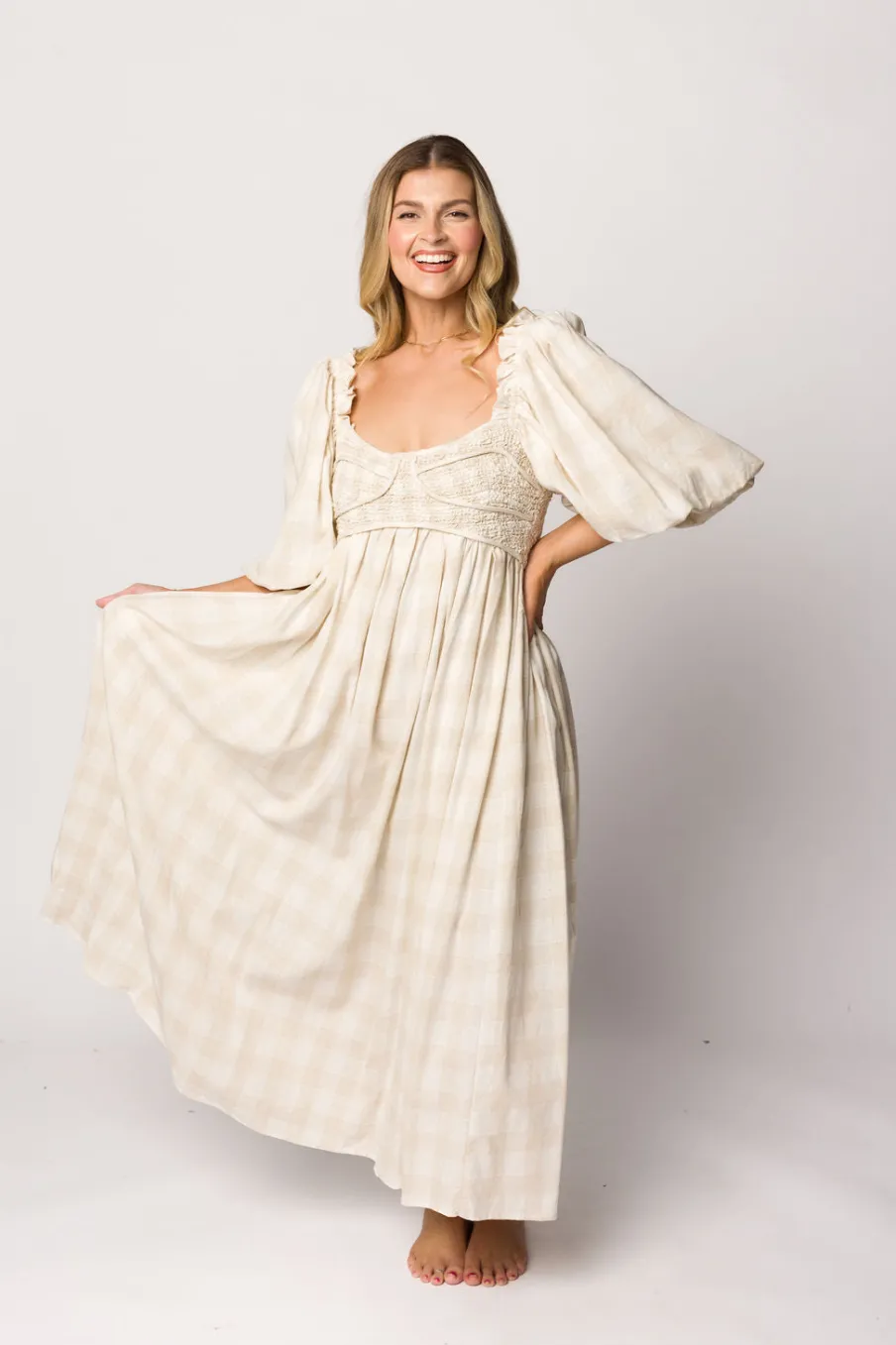 Best Worth Collective Harlow Maxi Dress in Natural Plaid - Bump Friendly (S-3XL)