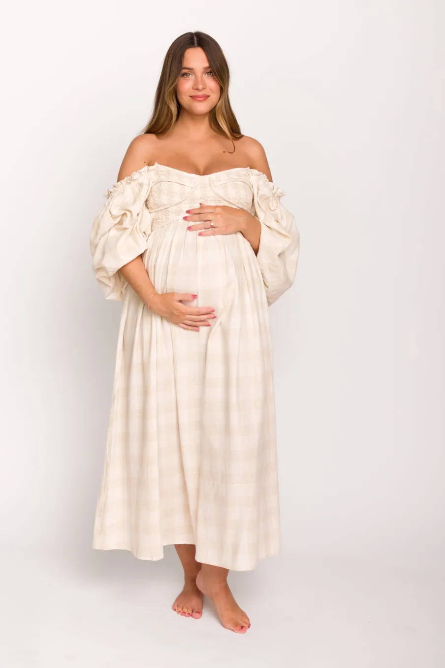 Best Worth Collective Harlow Maxi Dress in Natural Plaid - Bump Friendly (S-3XL)
