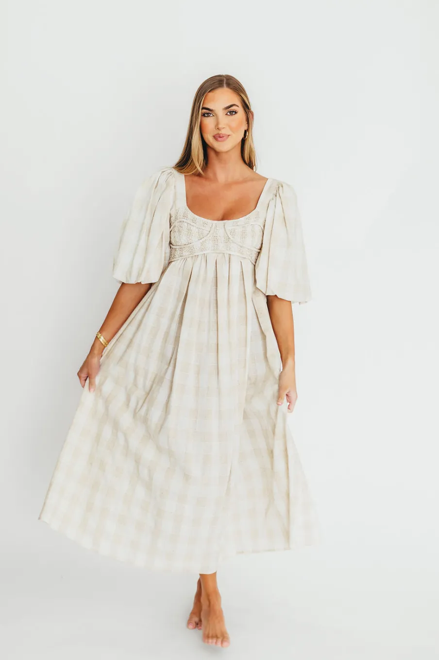 Best Worth Collective Harlow Maxi Dress in Natural Plaid - Bump Friendly (S-3XL)