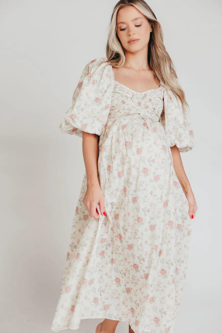 Online Worth Collective Harlow Maxi Dress in Off-White Floral - Bump Friendly & Inclusive Sizi